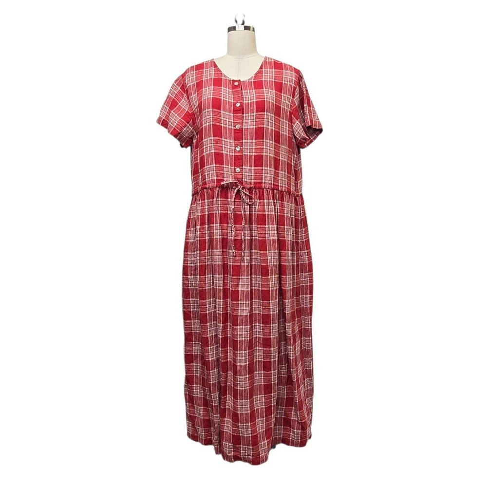 Vintage Eddie Bauer Red Plaid Linen Blend Maxi Dress Size Large Tall Farmhouse